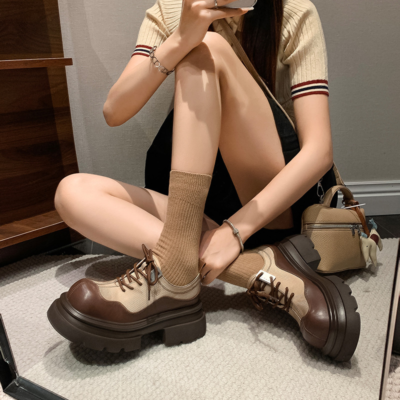 甜酷属性~ 英伦风小个子拼接撞色系带小皮鞋女圆头厚底增高单鞋春