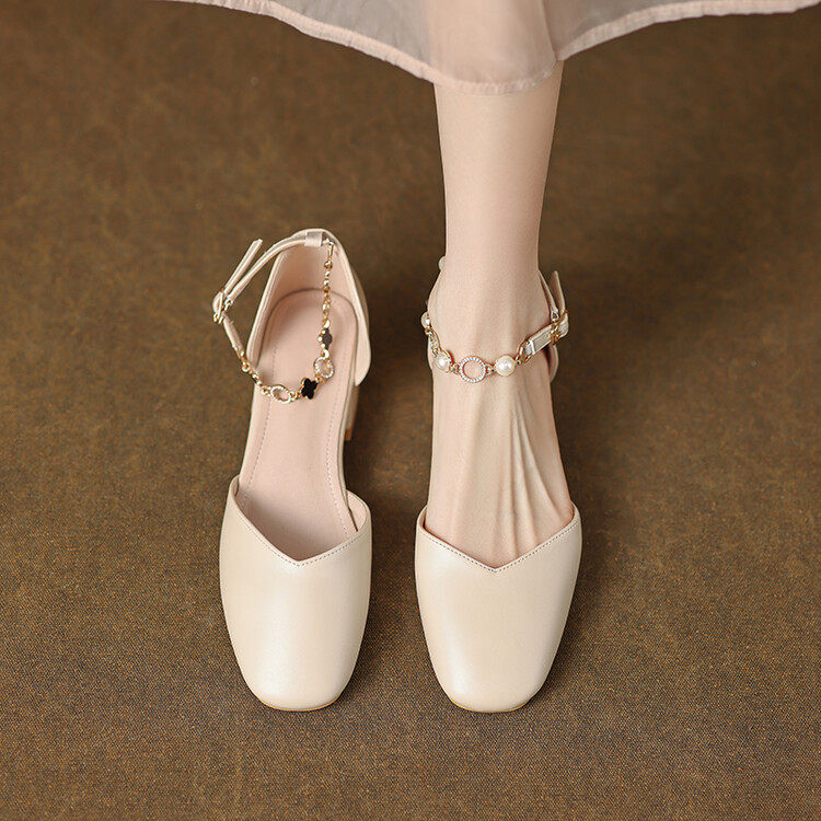 40码方头一字带浅口粗跟单鞋女小众珍珠链条真皮包头中空凉鞋低跟,户外/登山/野营/旅行用品,登山鞋/徒步鞋,淘宝优惠券,粉丝福利购,淘宝优惠卷