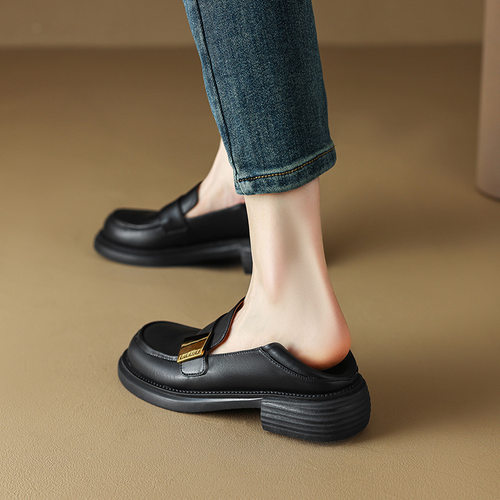 2023年春季新款真皮复古圆头柔软单鞋女低跟一脚蹬乐福鞋jk小皮鞋