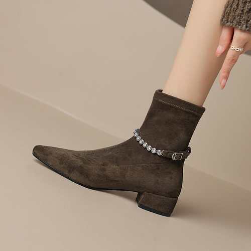 裸靴女韩版水钻一字带低跟瘦瘦靴时尚绒面弹力靴复古圆头粗跟短靴