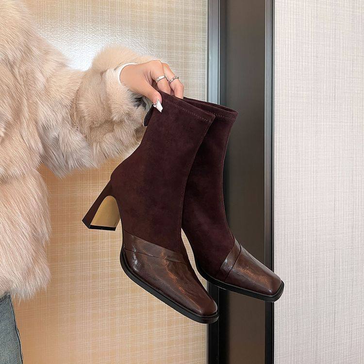 气质优雅拼接方头粗跟显瘦包腿弹力短靴2024冬季后拉链百搭时装靴,流行男鞋,马丁靴,淘宝优惠券,粉丝福利购,淘宝优惠卷