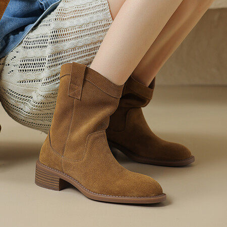 猫爷自制复古圆头西部牛仔靴女2024新款磨砂粗跟真皮短靴春秋单靴,居家布艺,居家婚庆拖鞋,淘宝优惠券,粉丝福利购,淘宝优惠卷