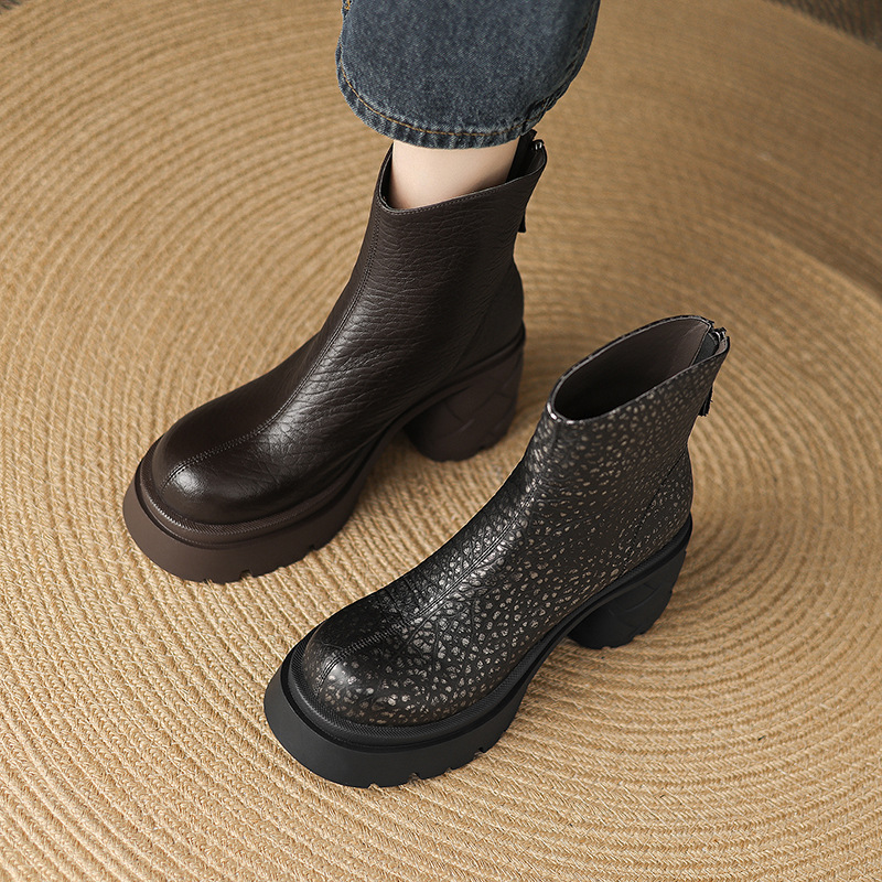 8.5cm厚底马丁靴女真皮粗跟瘦瘦靴2025新款秋冬季超高跟时尚短靴