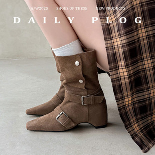 时尚 慵懒风真皮翻折两穿靴子美拉德复古皮带扣内增高短靴女 炸街