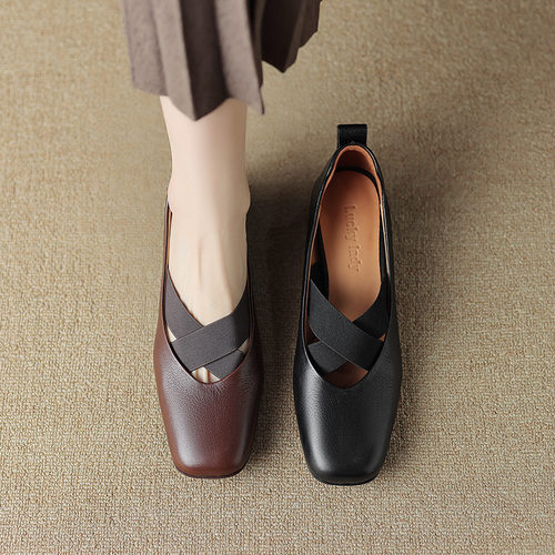 法式复古交叉弹力带芭蕾舞鞋2024春秋新款浅口真皮小众设计小皮鞋