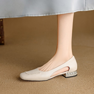 复古真皮方头粗跟镂空包头凉鞋 百搭通勤高跟鞋 夏季 时尚 女新款 法式