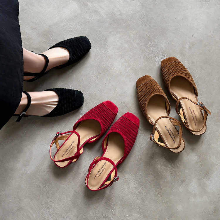 浪漫罗马~方头拼接磨砂皮浅口凉鞋女复古休闲镂空编织棕色平底鞋,流行男鞋,马丁靴,淘宝优惠券,粉丝福利购,淘宝优惠卷