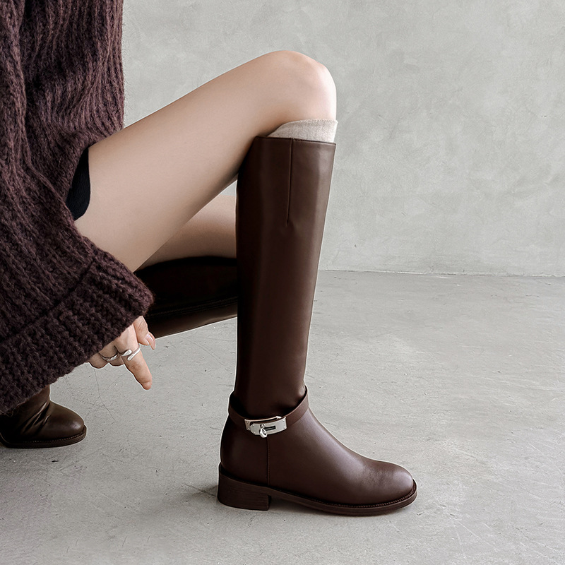 真皮高筒靴女2025年新款秋冬加绒长筒粗跟皮带扣骑士靴气质长靴子