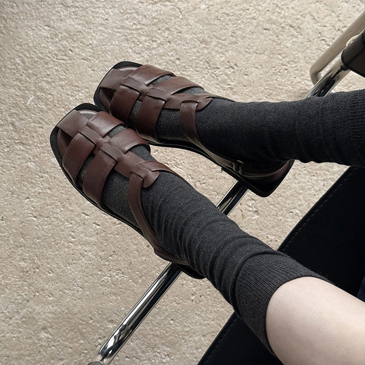 2025新款夏季真皮镂空罗马凉鞋女平底包头凉鞋外穿方头包头猪笼鞋,运动鞋new,跑步鞋,淘宝优惠券,粉丝福利购,淘宝优惠卷