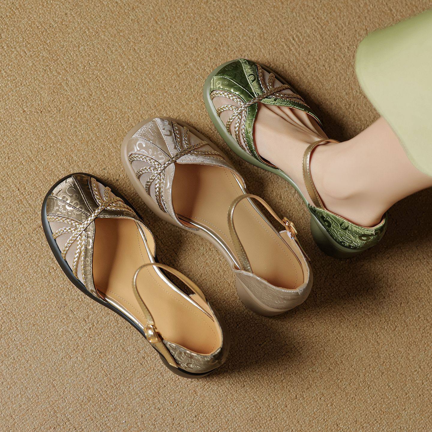 2025夏季牛皮编织网纱时尚高跟鞋一字扣带轻便厚底包头凉鞋女40码,居家布艺,居家婚庆拖鞋,淘宝优惠券,粉丝福利购,淘宝优惠卷