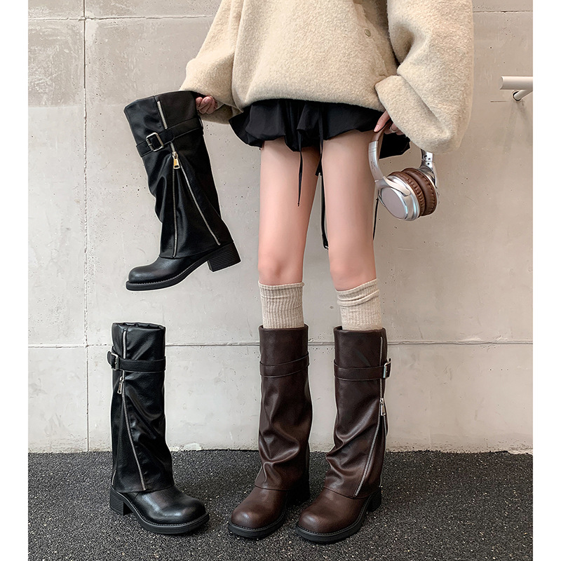 2025新款真皮圆头粗跟裤腿靴潮流厚底褶皱堆堆长靴西部牛仔骑士靴