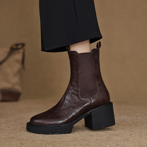 小个子厚底切尔西靴女真皮粗跟瘦瘦靴2024新款秋冬季高跟百搭短靴