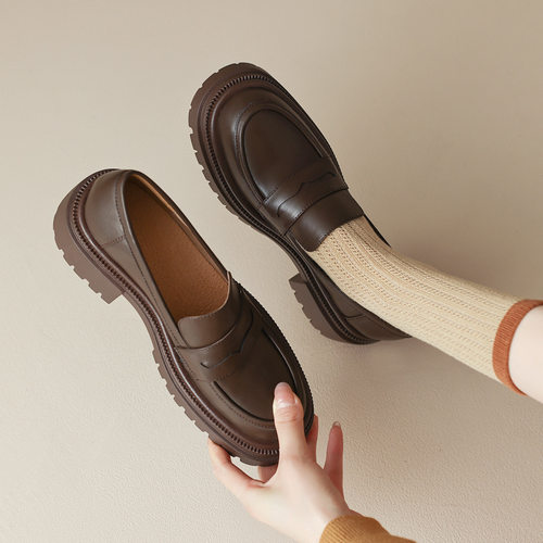 法式复古真皮厚底乐福鞋2023新款英伦学院风小皮鞋女圆头粗跟单鞋
