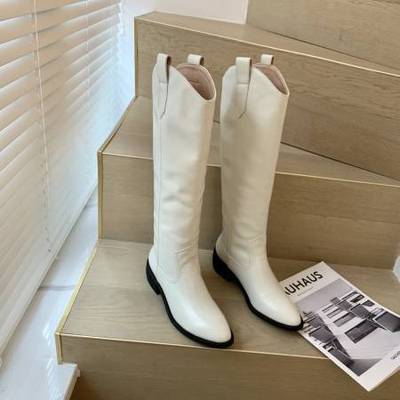 真皮宽筒方头粗跟V口西部牛仔靴粗腿大筒围骑士靴膝下高筒长靴女