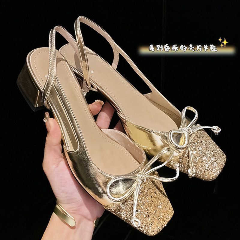 仙女风亮片粗跟玛丽珍鞋蝴蝶结礼服高跟鞋半包头凉鞋女款2024新款