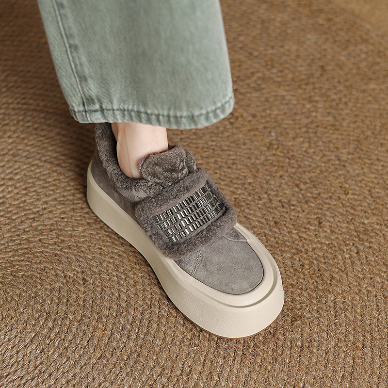 毛毛鞋女冬季增高厚底羊毛加绒保暖棉鞋子百搭水钻魔术贴休闲板鞋