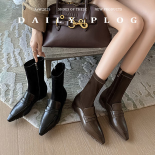 博主穿搭2025新款袜子靴真皮法式尖头弹力瘦瘦靴内增高棕色短靴女