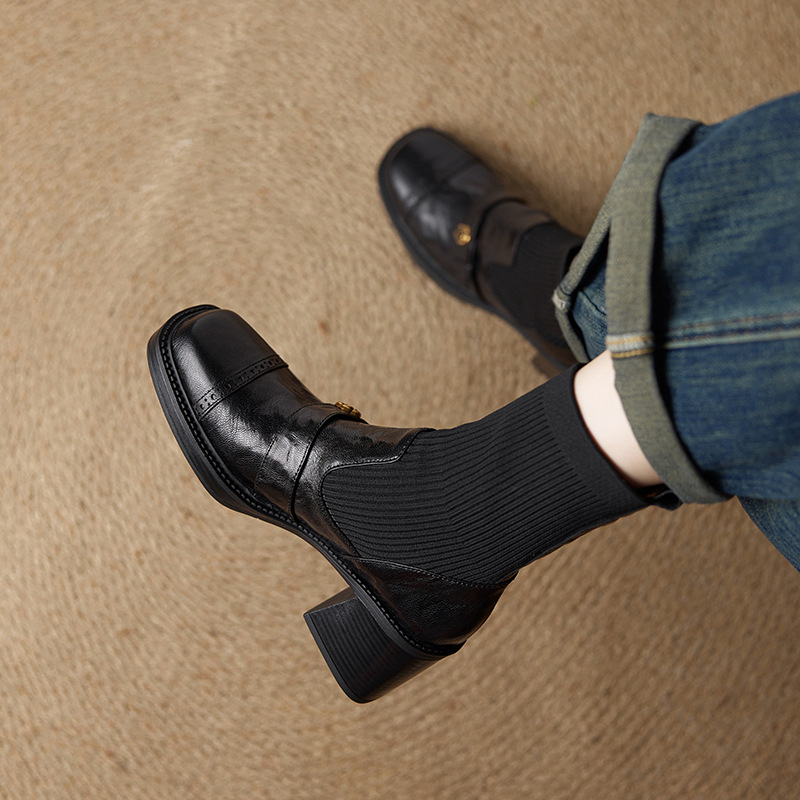 气质手工靴子~6.5cm中跟复古方头袜子靴女秋冬季拼接羊皮粗跟短靴