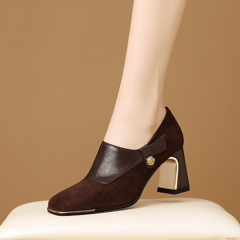 2025新款真皮百搭粗跟方头单鞋女拼接深口高跟鞋通勤小皮鞋女鞋秋
