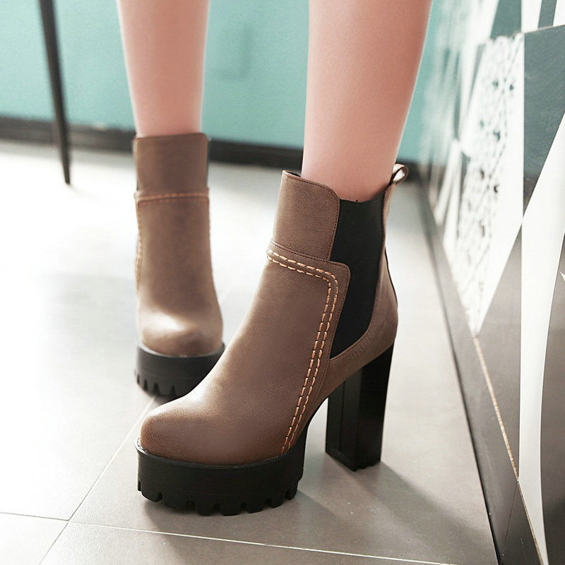 短筒靴秋冬靴女黑色灰色圆头防水台粗跟超高跟松紧带及踝靴短靴子,户外/登山/野营/旅行用品,登山鞋/徒步鞋,淘宝优惠券,粉丝福利购,淘宝优惠卷