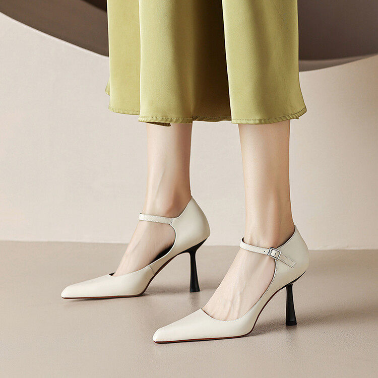 高跟鞋女细跟2024新款真皮法式一字扣尖头单鞋气质性感包头凉鞋,流行男鞋,马丁靴,淘宝优惠券,粉丝福利购,淘宝优惠卷