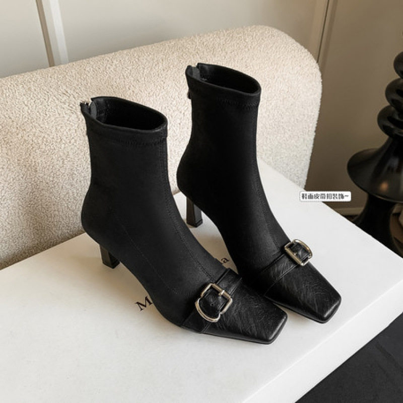 牛皮版~秋冬新款小方头宽松套筒短靴女时尚百搭粗跟气质时装靴