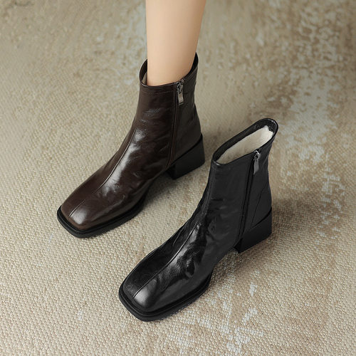 复古羊皮方头粗跟短靴女厚毛绒真皮高跟鞋2023秋冬新款马丁靴加绒