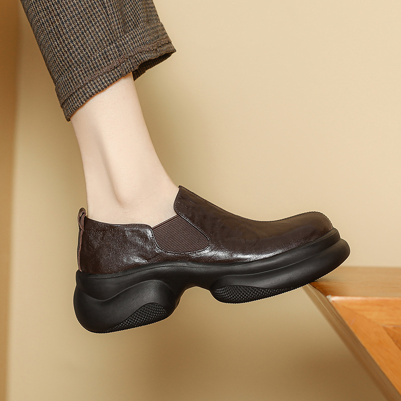 6CM英伦风一脚蹬乐福鞋真皮简约厚底小皮鞋春秋纯色百搭休闲单鞋