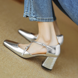 新款6.5cm~2024单鞋包头凉鞋粗跟真皮高跟鞋银色女玛丽珍鞋