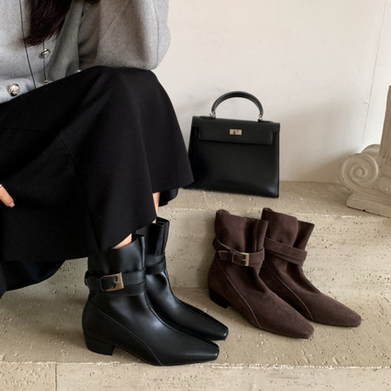 牛皮版~秋冬新款粗跟方头皮带扣时尚气质褶皱时装靴套筒短靴女