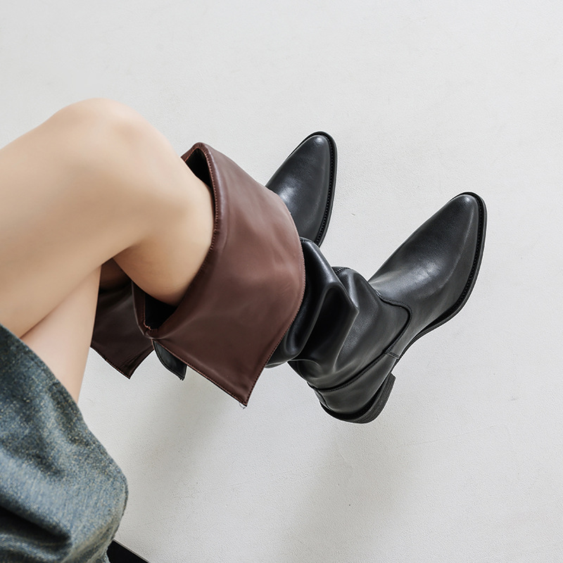 秋冬多穿可翻折一脚蹬堆堆靴英伦风复古尖头粗跟中跟长筒骑士靴女