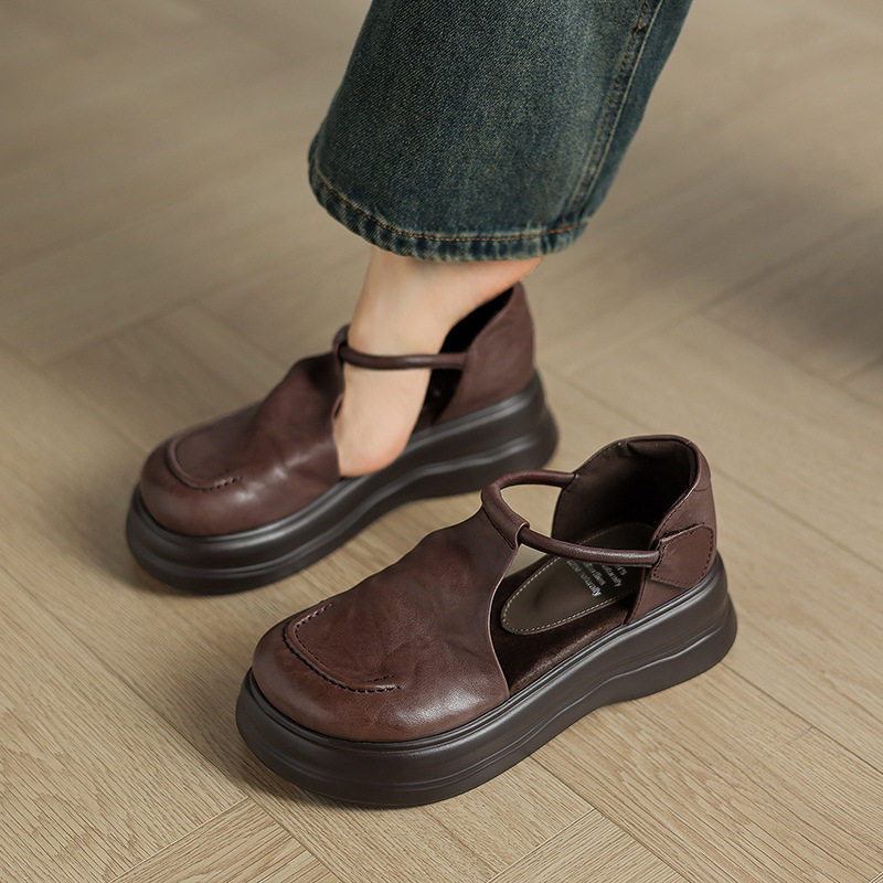 2025夏季新款百搭包头增高厚底凉鞋真皮法式复古侧空罗马凉鞋女鞋