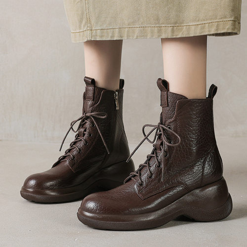 小个子厚底马丁靴女真皮松糕瘦瘦靴2024新款秋冬季高跟坡跟短靴子