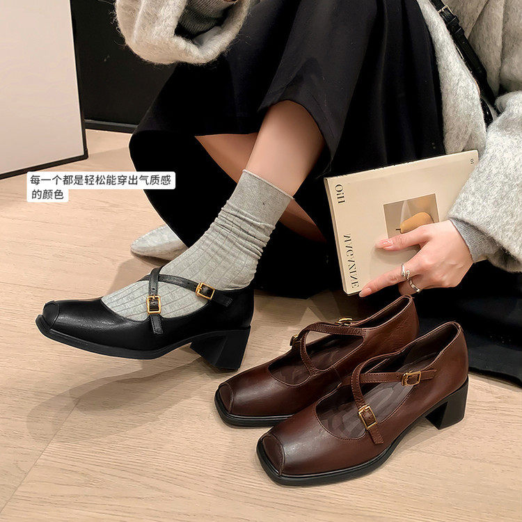 新品法式方头浅口粗跟交叉扣带玛丽珍鞋女2025秋季真皮单鞋黑棕色,流行男鞋,马丁靴,淘宝优惠券,粉丝福利购,淘宝优惠卷