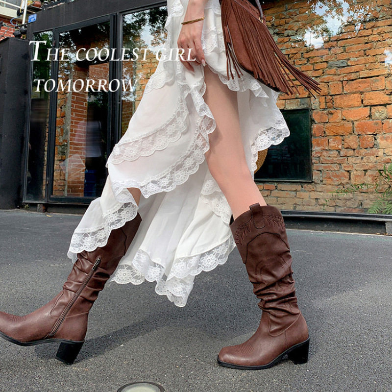 复古刺绣方头骑士靴女2025秋冬新款高筒粗跟高跟长靴西部牛仔靴,运动/瑜伽/健身/球迷用品,广场舞鞋,淘宝优惠券,粉丝福利购,淘宝优惠卷