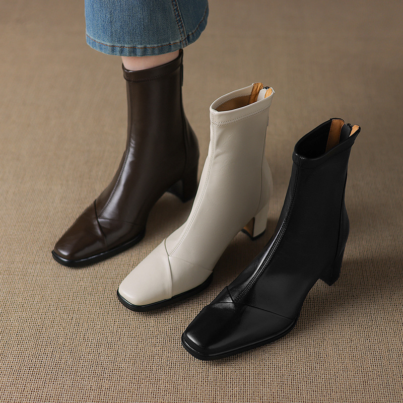 法式复古风方头中粗跟短筒时装短靴子女2025新款秋季显瘦气质百搭