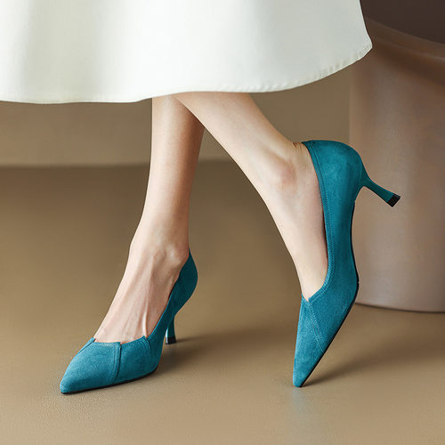 2023年新款春秋季羊皮蓝色高跟鞋细跟气质高级浅口单鞋女尖头名媛