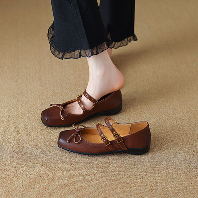FairyWink 巴黎邂逅～！复古蝴蝶结方头平底玛丽珍鞋芭蕾舞单鞋女