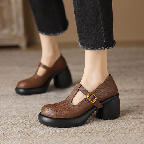 法式复古防水台厚底玛丽珍鞋2024春秋新款丁字带真皮松糕底女单鞋