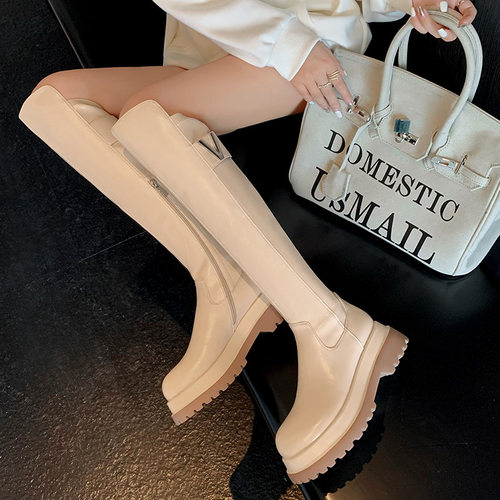 厚底过膝长靴女真皮松糕长筒弹力靴2023新款冬季白色瘦瘦骑士靴子