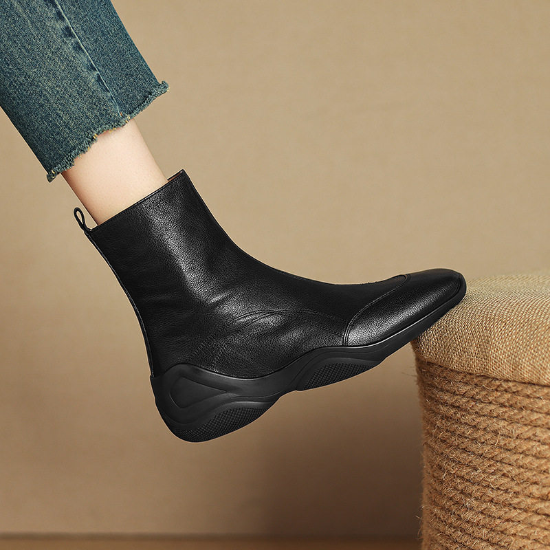 巨百搭！真皮圆头简约厚底切尔西靴女松糕运动软底休闲复古短靴子