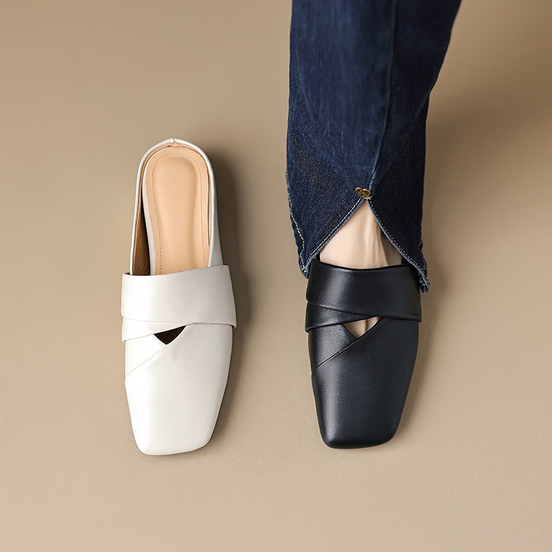 平底半拖2023夏季新款女鞋方头平底凉鞋韩版包头外穿羊皮拖鞋