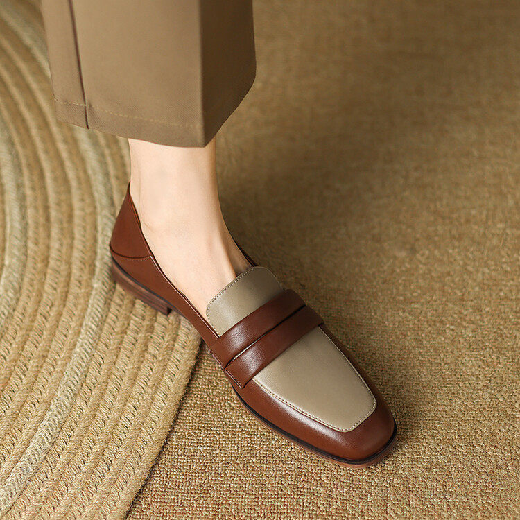 里外全皮英伦风拼色乐福鞋2023春季低跟方头小皮鞋牛皮深口单鞋女,流行男鞋,马丁靴,淘宝优惠券,粉丝福利购,淘宝优惠卷