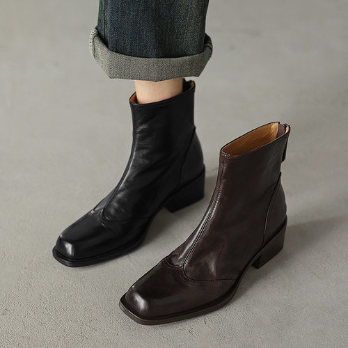 冬季时装靴中跟头层牛皮百搭高帮真皮马丁靴2025春秋后拉链