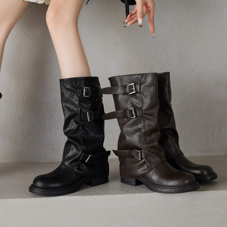 2025秋冬新款真皮爆款皮带扣褶皱堆堆中筒靴厚底潮流西部裤管靴,户外/登山/野营/旅行用品,登山鞋/徒步鞋,淘宝优惠券,粉丝福利购,淘宝优惠卷
