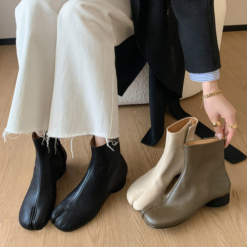 羊皮分趾靴女短靴 秋季新款 圆头粗中跟侧开复古女式短靴及单靴子