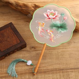 双面苏绣团扇荷花重工古典中国风配饰舞蹈扇广场舞团扇新中式扇子