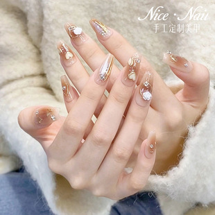 穿戴甲定制美拉德棕色晕染山茶花可拆卸假指甲纯手工贴片新娘孕妇