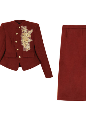 红色新款显瘦毛呢套装女秋冬长袖外套高腰半身裙子显白气质高级感