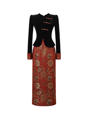 国风红色新中式收腰显瘦长袖连衣裙秋冬高级感假两件改良旗袍裙女